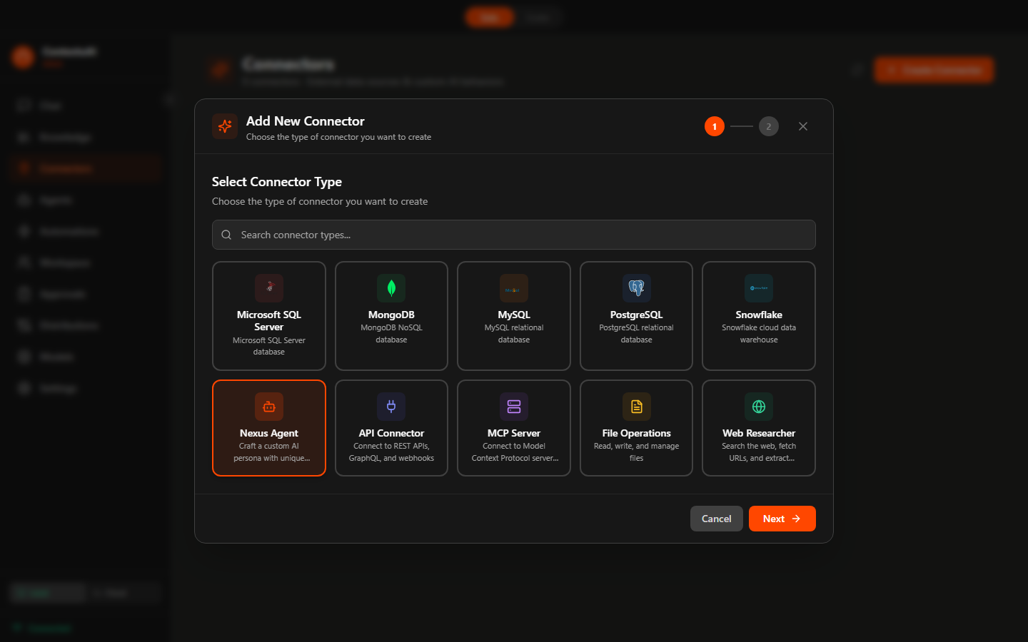 ContextuAI Solo — Add New Connector dialog showing 10 connector types