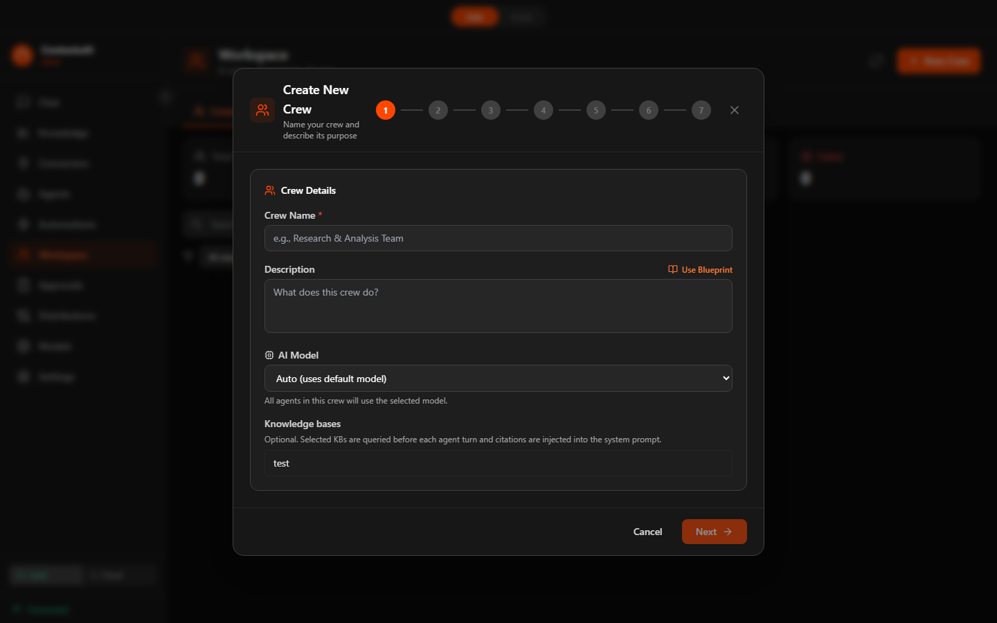 ContextuAI Solo — Crew Builder Step 1: Details & Blueprint